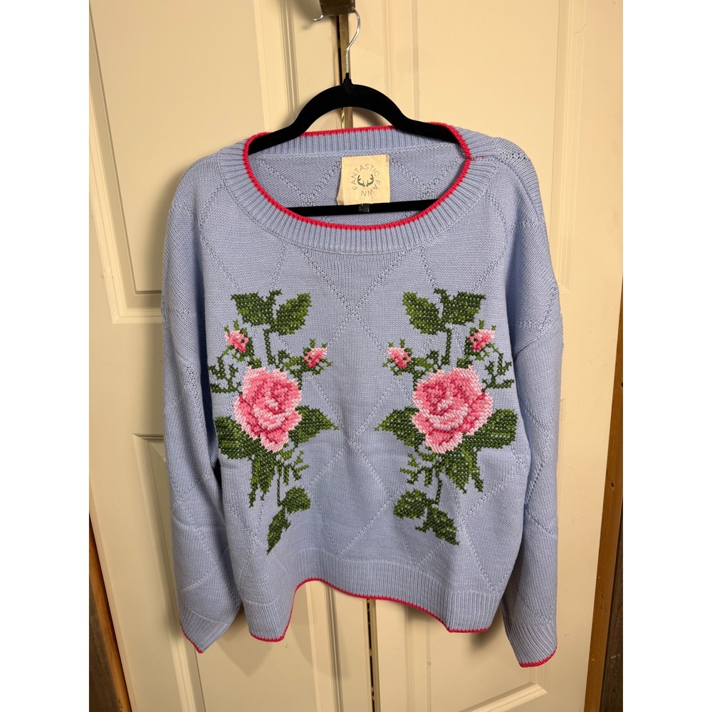 Fantastic Fawn Blue Rose Cross Stitch Embroidered Knit Sweater Womens Large